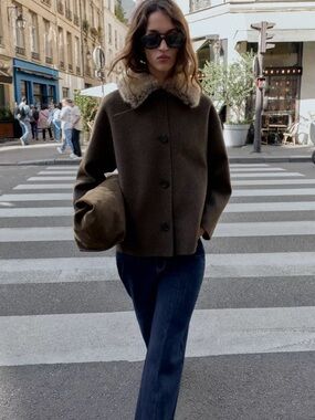 Wool Jacket with Faux Fur Collar - dark khaki